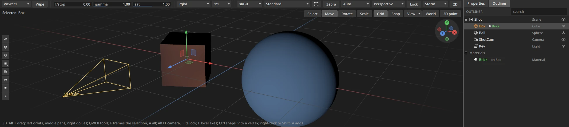 The 3D viewport: a box wearing a brick-red material with its move handles (red, green and blue arrows, a centre square), a blue sphere, and the frustum of a camera named ShotCam over the ground grid; the toolbar shows Move lit. On the right, the Outliner: the Scene Shot holding Box (with its material Brick), Ball, ShotCam and the light Key, each with an eye, and the Materials section listing Brick on Box