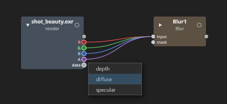The data socket clicked: a list of the render's layers, depth, diffuse and specular, opens beside it