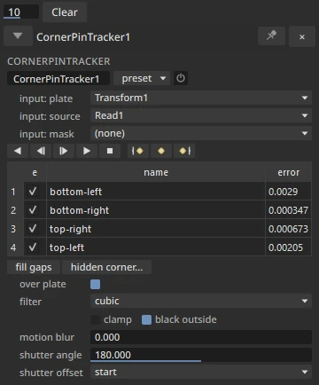 The CornerPinTracker's settings: the plate, source and mask inputs, the tracking buttons, its four tracks (bottom-left, bottom-right, top-right, top-left) with their error, and over plate turned on