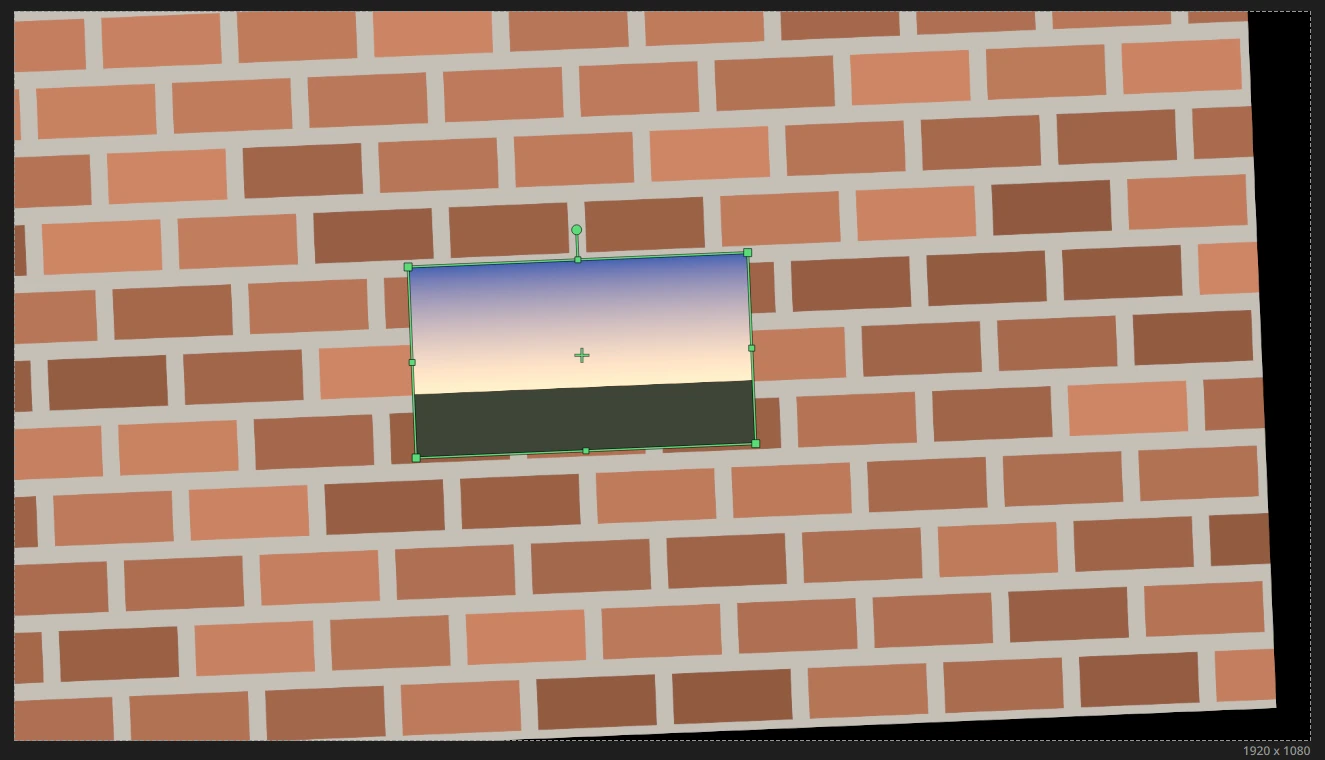 The Merge Tracks result in the viewer at frame 24: the picture over the turned and pushed-in brick wall, framed by the green box with its handles