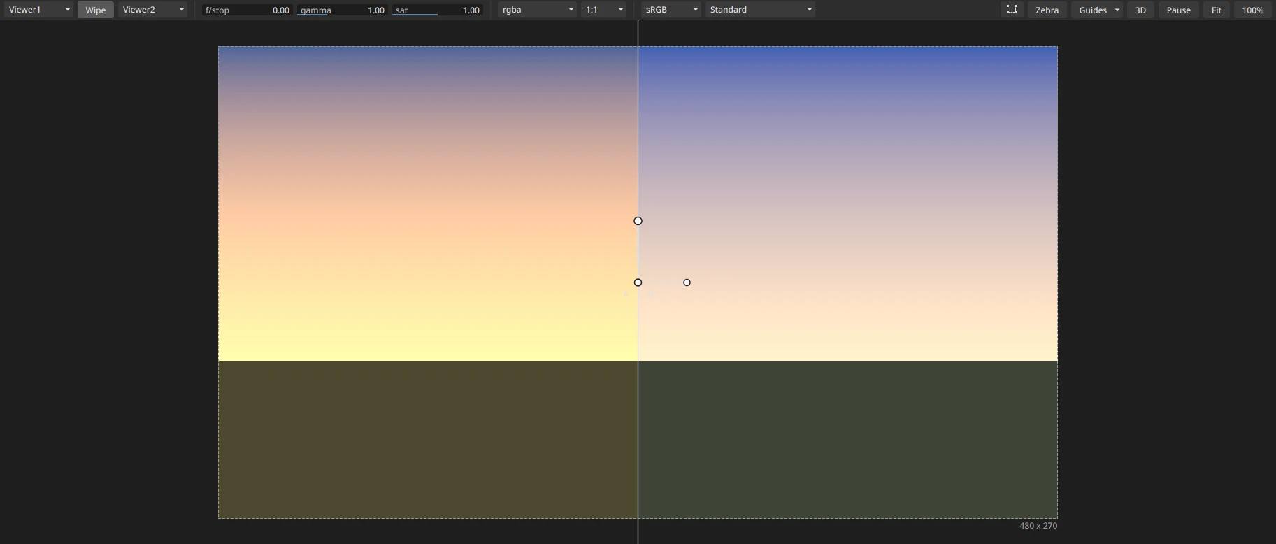 Wipe compare: Viewer1, a warm grade of a sunset plate, on the left of the wipe line, and Viewer2, the plate as it is, on the right; the toolbar shows Wipe on and Viewer2 picked beside it
