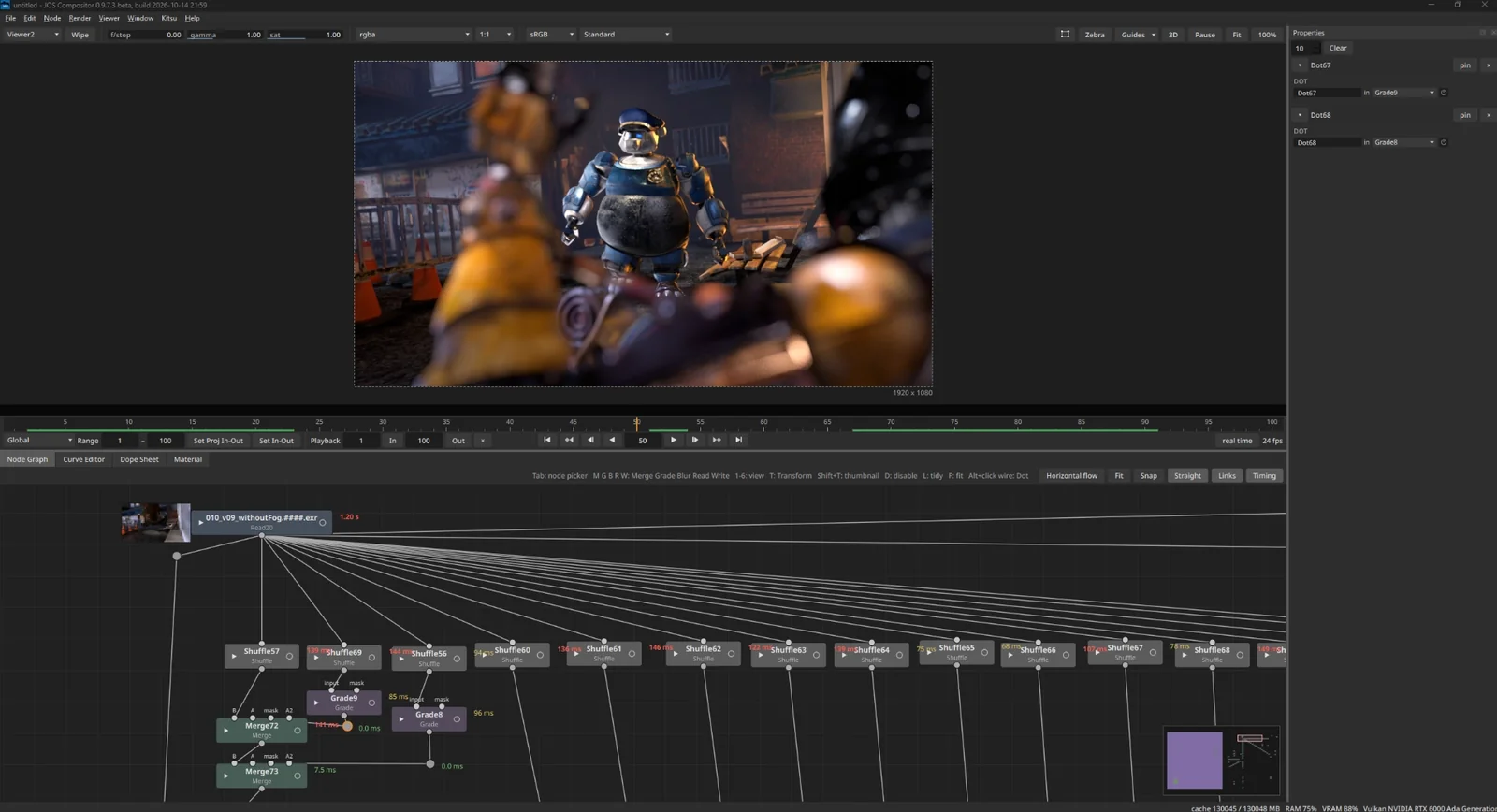 JOS Compositor: a CG robot shot in the viewer, the timeline below it, and a node graph splitting a multilayer EXR into Shuffles, Grades and Merges, each node showing its render time